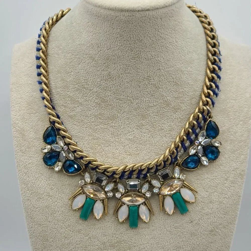J Crew VintageโLarge Chunky Gold Tone Chain Blue Gray Cord 1Gold Green Crystals